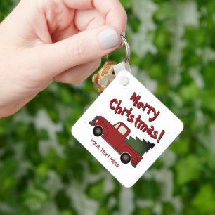 Llavero Camioneta Chevy roja vieja y árbol de Navidad pers