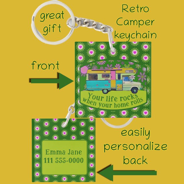 Llavero Camper Retro Van Life Rocea Flores de Diversión (Retro camper van keychain.
What a great gift!)