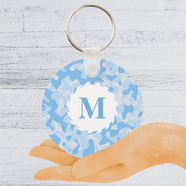 Llavero Camuflaje azul Monograma inicial (Blue Camo Camouflage Monogram Initial Keychain)