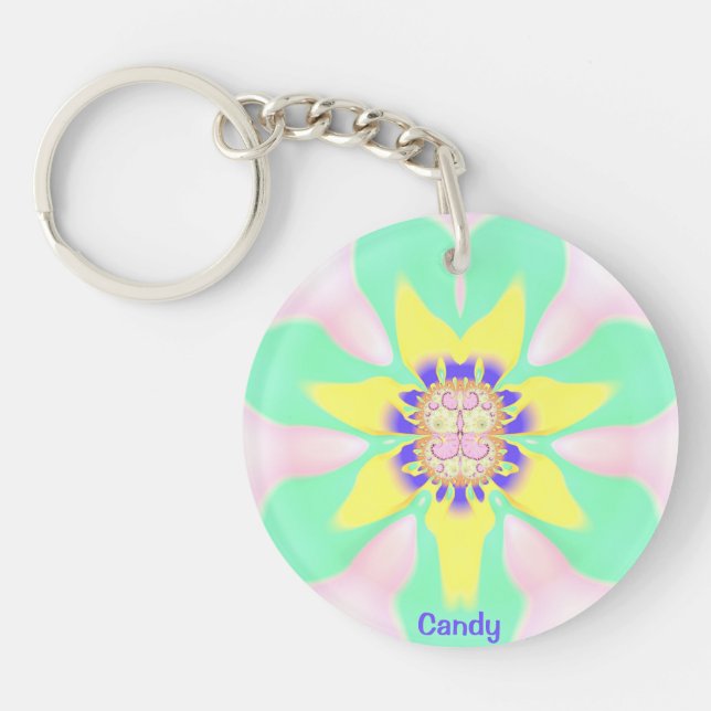 Llavero CANDY ~Acrílico circular verde amarillo rosado púr (Frente)