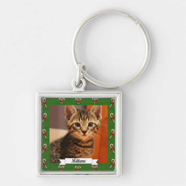 Llavero Candy Cane Green Frame Personalizable Kitty (Frente)