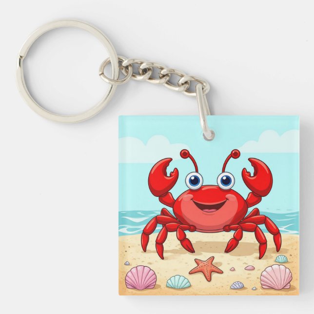 Llavero Cangrejo de Personalizado rojo alegre en una playa (Frente)