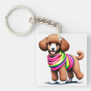 Llavero Caniche adorable que lleva una bufanda colorida