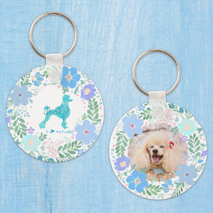 Llavero Caniche azul pastel con floral personalizado nombr