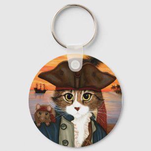 Llavero Captain Leo, Pirate Cat & Rat Fantasy Art Keychain