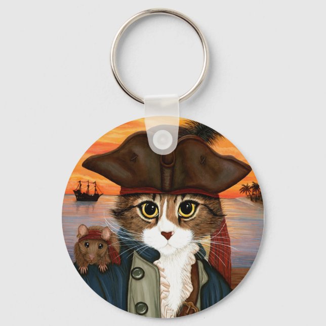 Llavero Captain Leo, Pirate Cat & Rat Fantasy Art Keychain (Anverso)