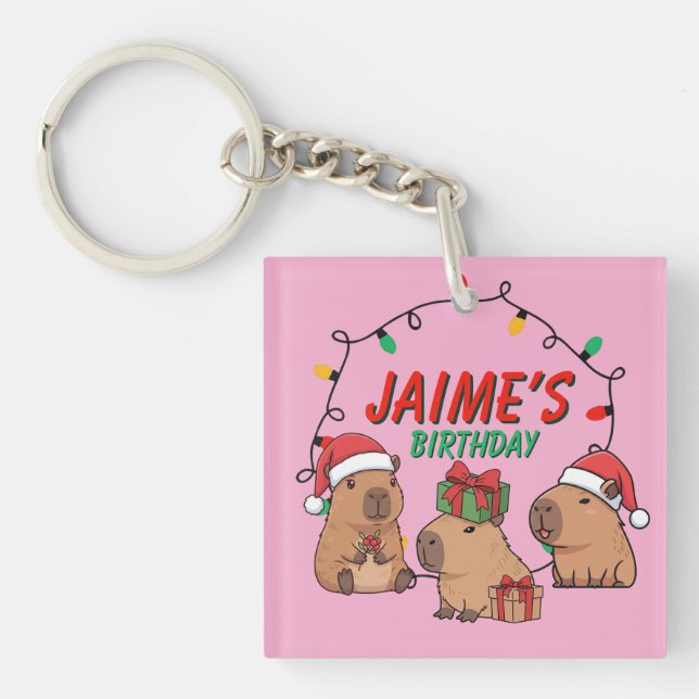 Llavero Capybara Pink Christmas Holiday Birthday (Frente)