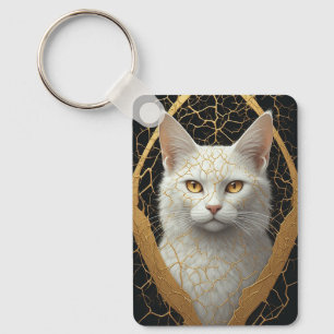 Llavero Cara de Gato Agrietada Dorada Arte Animal Místico