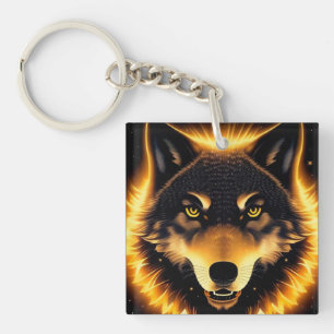Llavero Cara de Lobo Radiante Iluminada por Luz Dorada