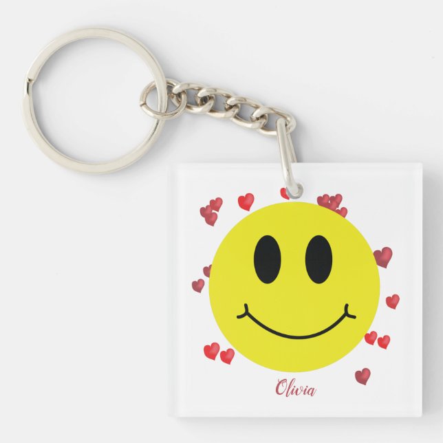 Llavero Cara sonriente con corazones rojos personalizada (Frente)