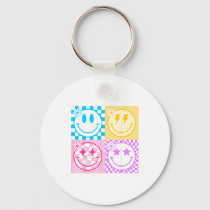 Llavero Cara sonriente feliz retro patrón de cuadros Vibra