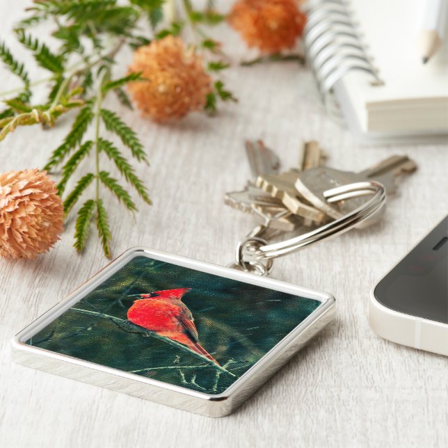 Llavero Cardenal de invierno en tormenta de nieve - Mejora (Lado)