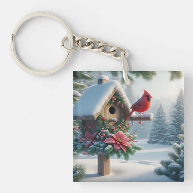 Llavero Cardenal de invierno en un hogar festivo (Frente)