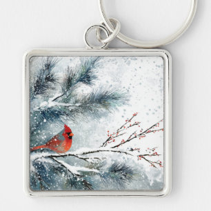Llavero Cardenal Rojo en Rama de Pino Nevado