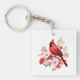 Llavero Cardenal Rojo Floral Observador de Aves Acuarela N