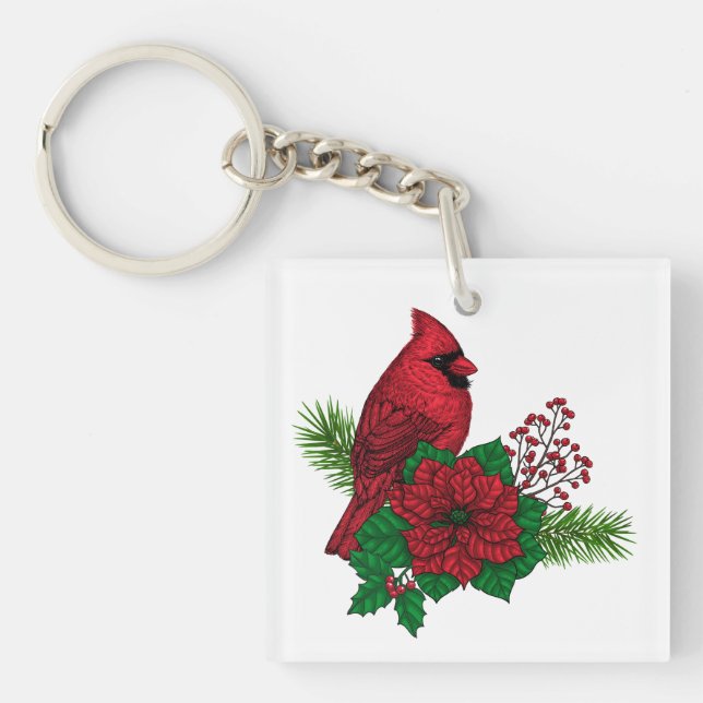 Llavero Cardenales rojos sobre decoración de Navidades (Frente)