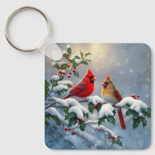 Llavero Cardenales rojos y Holly en la nieve