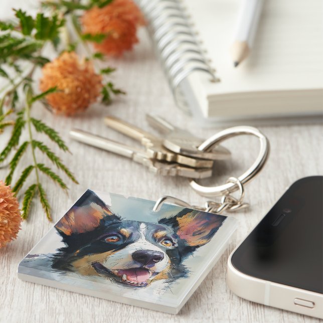 Llavero Cardigan corgi acuarela (Frente Derecha)