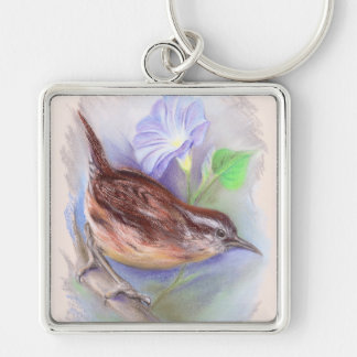 Llavero Carolina Wren con flores de gloria matutinas