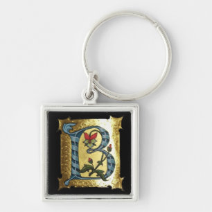LLAVERO CARTA DE ORO AZUL B CON FLORES MONOGRAMA