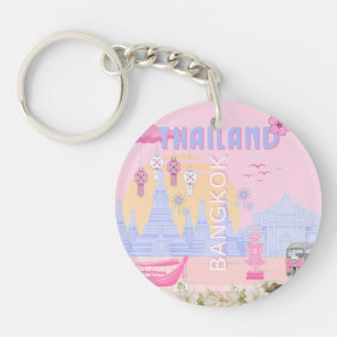 Llavero Cartel de viaje de Bangkok Tailandia rosa pastel a