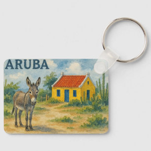 Llavero Casa cunucu amarilla de Aruba con burro acuarela