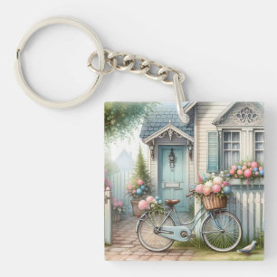 Llavero Casa de campo azul con bicicleta y cesta de flores
