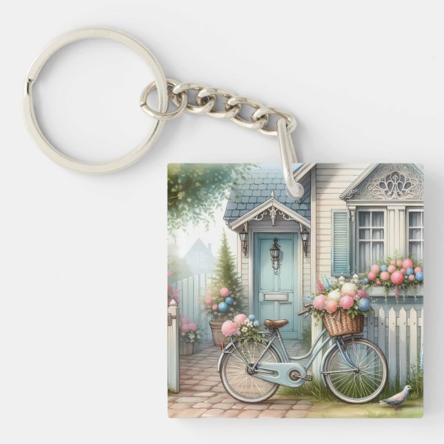 Llavero Casa de campo azul con bicicleta y cesta de flores (Frente)
