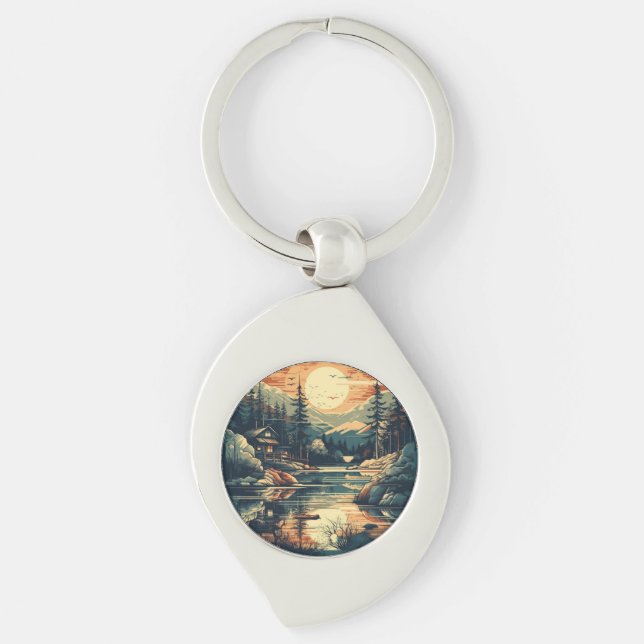 Llavero Casa de montaña Escandinavia Retro Art (Anverso)