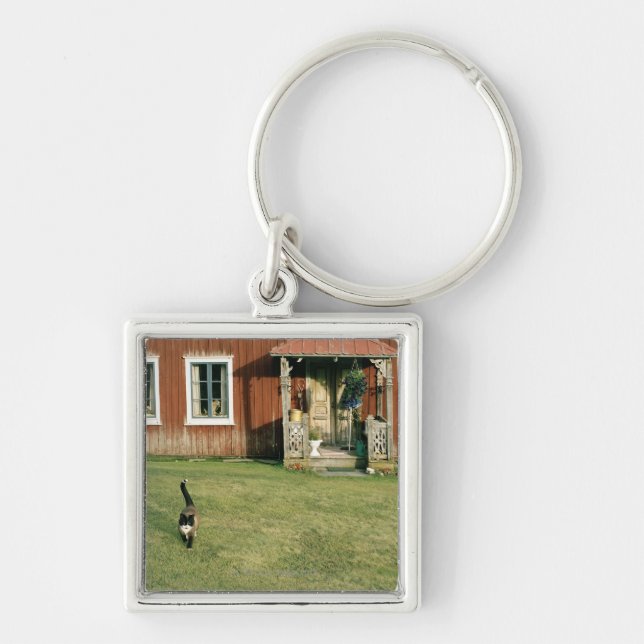 Llavero Casa roja gastada con un gato en el césped (Frente)