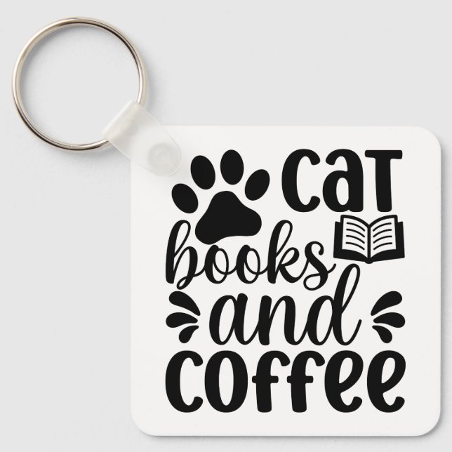 Llavero "Cat Books and Coffee" Cute Typography (Anverso)