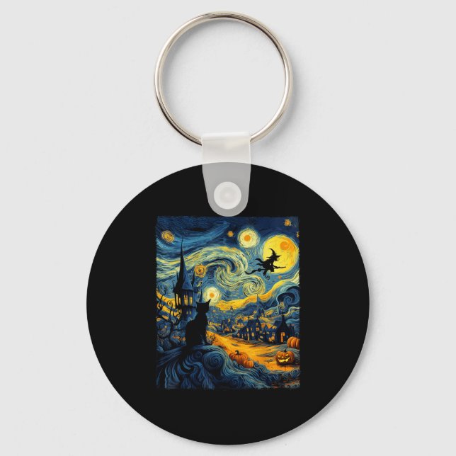 Llavero Cat Halloween Van Gogh Starry Night Pumpkin Men Wo (Anverso)