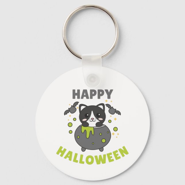Llavero Cat Happy Halloween Cauldron Bat (Anverso)