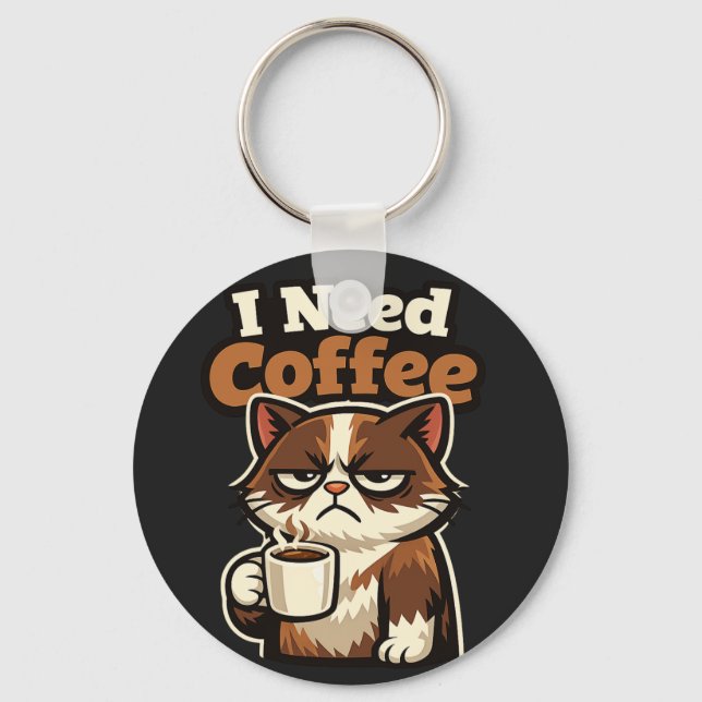 LLAVERO CAT MEME “I NEED COFFE” (Anverso)