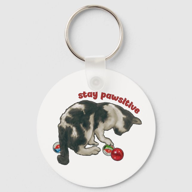 Llavero Cat Playing with MARBLES, Stay Pawsitive, Pun (Anverso)