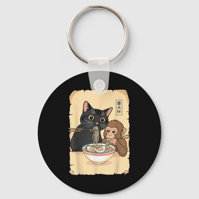 Llavero Cat Ramen Monkey Shirt Funny Cat Monkey Eating Ram (Anverso)
