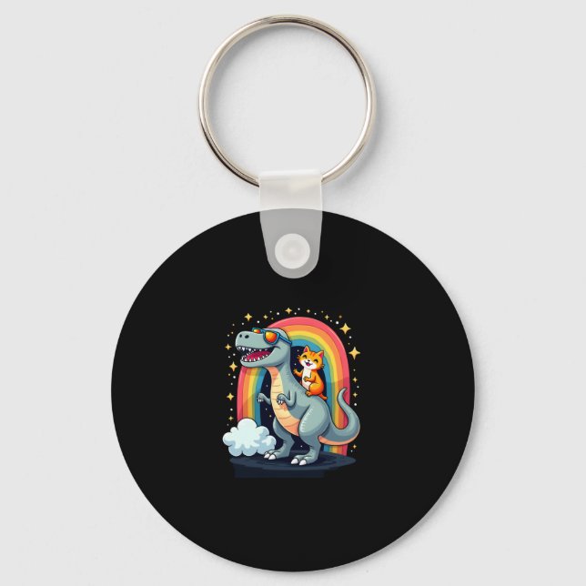 Llavero Cat Riding Dinosaur T-Rex Kitten Rainbow Dino Funn (Anverso)