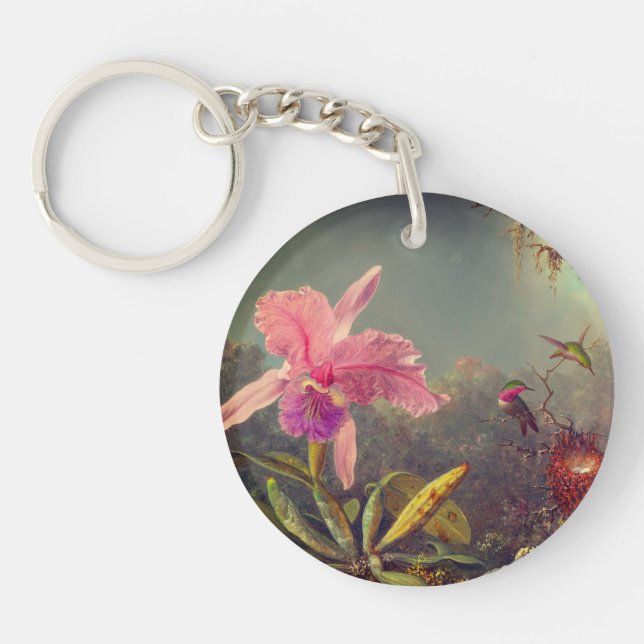 Llavero Cattleya Orchid y tres Hummingbirds Heade (Frente)