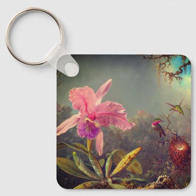 Llavero Cattleya Orchid y tres Hummingbirds Heade (Anverso)