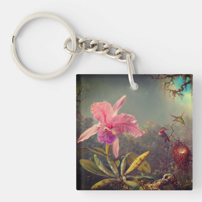 Llavero Cattleya Orchid y tres Hummingbirds Heade (Frente)