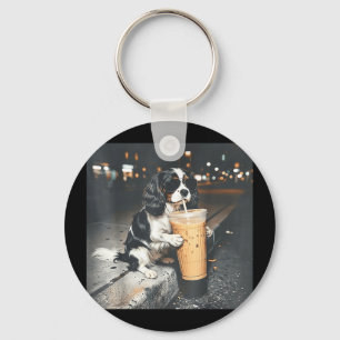 Llavero Cavalier king charles spaniel bebiendo café helado