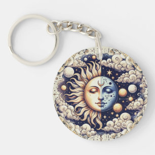 Llavero Celestial Vintage Medio Sol y Luna Azul Amarillo