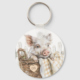 Llavero Cerdito Lindo En Canasta Monograma Personalizado