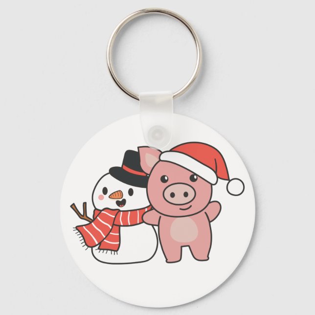 Llavero Cerdo Con Snowman En Invierno Para Navidades Keych (Anverso)