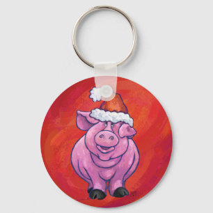 Llavero Cerdo en Santa Hat en rojo
