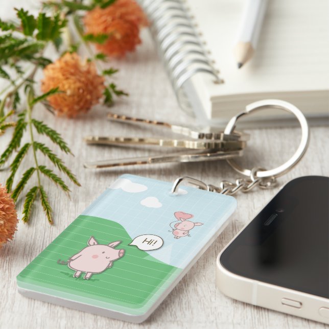 Llavero Cerdo flotante lindo diciendo hola (Frente Derecha)