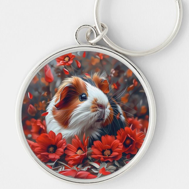 Llavero Cerdo guineano entre flores rojas (Frente)