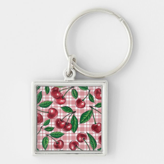 Llavero Cerezas rojas en gingham rosa (Frente)