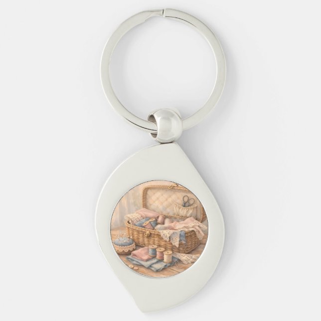 Llavero Cesto de costura vintage Cottagecore Pastel (Anverso)