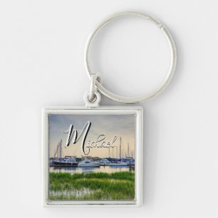 Llavero Charleston Harbor Boats Sunset Square Keychain